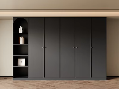 Modern Black Multi Door Wardrobe With Open Shelves And Wooden Floor 3d model