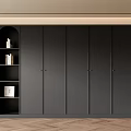 Modern Black Multi Door Wardrobe With Open Shelves And Wooden Floor