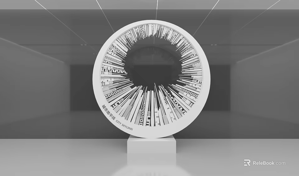 Circular Modern Art Installation With Radial Lines And Text On White Pedestal In Gray Space 3d model 