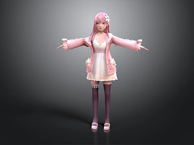 Anime Girl With Pink Hair In Pink Coat White Dress Purple Stockings And Pink Shoes 3d model