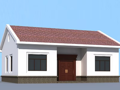 Single Story Detached Villa With White Exterior Walls Red Tile Roof And Brown Wooden Door 3d model