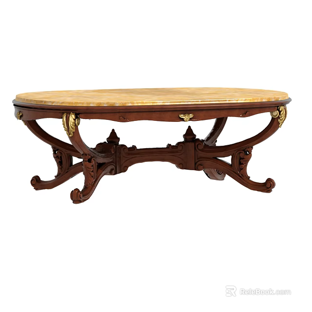 Classic Carved Wooden Coffee Table With Marble Top And Gold Decorative Accents 3d model 