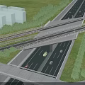 Multi Level Bridge with Roads and Vehicles Surrounded by Greenery Near Modern Buildings