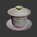 Handcrafted White Ceramic Sculpture With Lid Saucer And Green Leaf Patterns 3d model