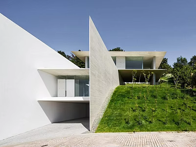 Modern Detached Villa Featuring White Exterior Sloped Geometric Structure And Green Lawn 3d model