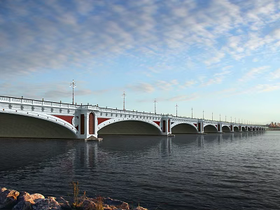 White and Red Arched Bridge Spanning Water With Street Lamps Under Blue Sky 3d model
