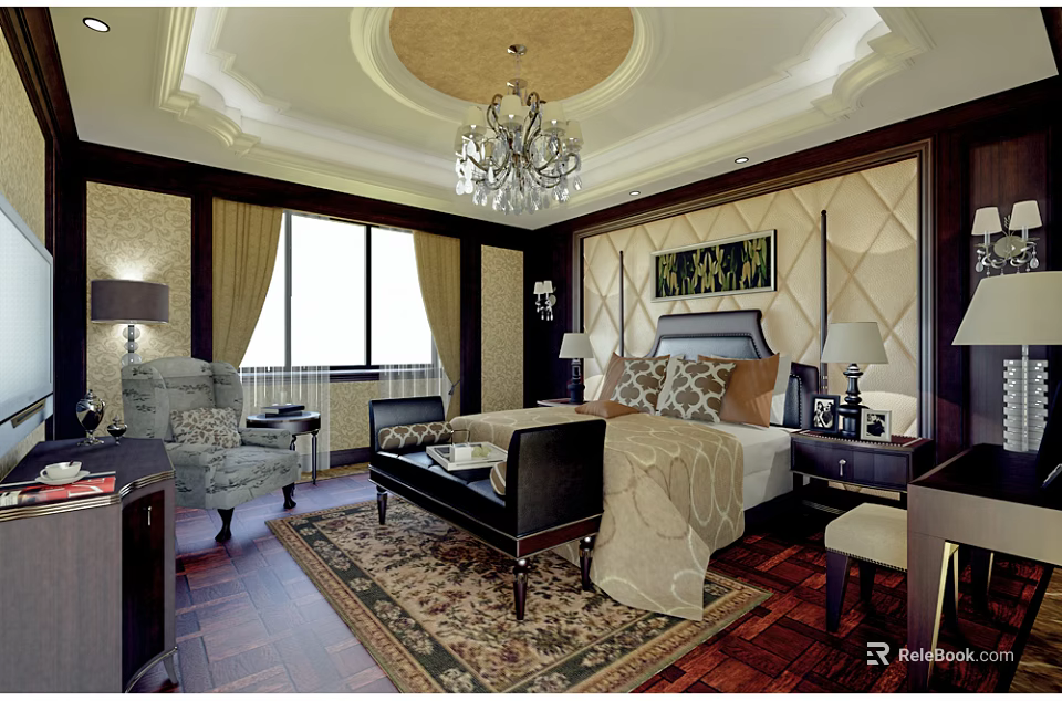 Hotel Guest Room Interior With Elegant Chandelier Decorative Ceiling Bed Windows And Wooden Flooring 3d model 