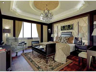 Hotel Guest Room Interior With Elegant Chandelier Decorative Ceiling Bed Windows And Wooden Flooring 3d model