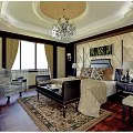 Hotel Guest Room Interior With Elegant Chandelier Decorative Ceiling Bed Windows And Wooden Flooring