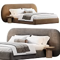 Double Bed with Upholstered Headboard White Pillows Brown Cushion Light Colored Quilt and Bedside Table