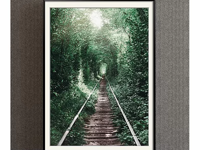 Scenic Landscape Painting Featuring Lush Green Vegetation Tunnel Railway Track And Sunlight Through Leaves 3d model