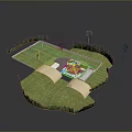 Natural Scenic Landscape With Lush Green Grass Small Structures And Surrounding Trees