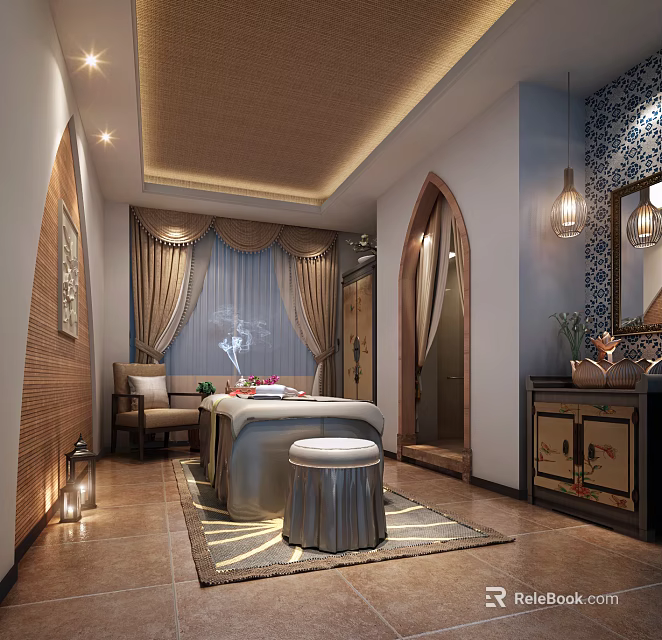 Luxurious SPA Sauna Room Interior With Massage Table Soft Lighting And Decorative Curtains 3d model 