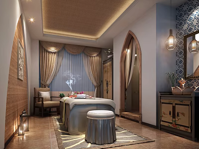 Luxurious SPA Sauna Room Interior With Massage Table Soft Lighting And Decorative Curtains 3d model