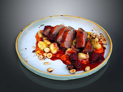 Roasted Duck Breast Slices With Hazelnuts Raspberries And Root Vegetable Purée On Ceramic Plate 3d model