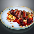 Roasted Duck Breast Slices With Hazelnuts Raspberries And Root Vegetable Purée On Ceramic Plate