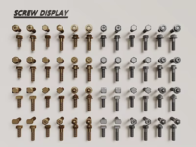 Hardware Tools Screw Display Showcasing Various Metal Types And Head Designs 3d model