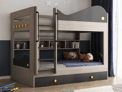 Kids Room Bunk Bed With Bookshelf Drawers And Stuffed Toys 3d model
