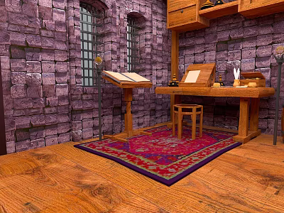 Charming Indoor Scenery Featuring Stone Walls Windows Wooden Table Chair Rug And Bookshelf 3d model