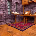 Charming Indoor Scenery Featuring Stone Walls Windows Wooden Table Chair Rug And Bookshelf