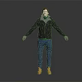 3D Rendered Male Character Wearing Black Jacket Green Hoodie Blue Pants And Yellow Boots