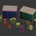 Various Construction Equipment Including Containers Cardboard Boxes Traffic Cones Fire Hydrant And Trash Cans 3d model