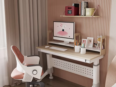 Modern Home Office Workspace With Desk Computer Chair Stationery Shelf And Striped Wall 3d model