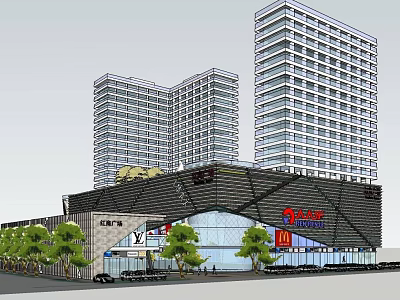 Modern Commercial Complex With High Rise Office Towers Retail Stores And Greenery 3d model