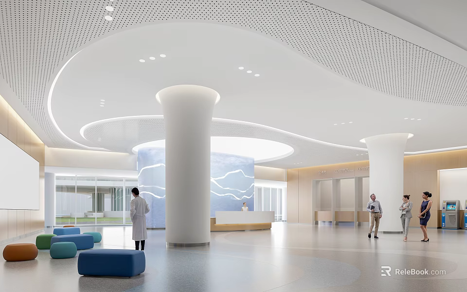 Modern Hospital Outpatient Clinic Interior With Circular Ceiling White Columns And Blue Seats 3d model 