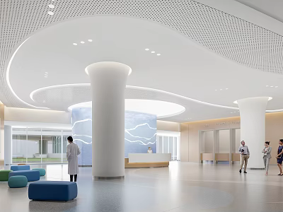 Modern Hospital Outpatient Clinic Interior With Circular Ceiling White Columns And Blue Seats 3d model