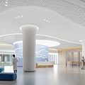 Modern Hospital Outpatient Clinic Interior With Circular Ceiling White Columns And Blue Seats