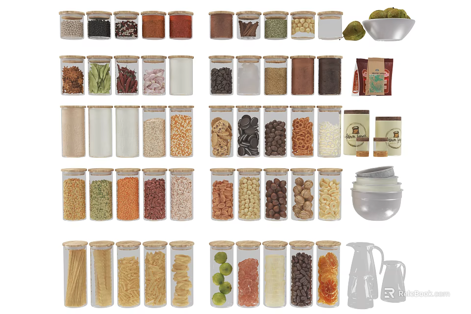 Clear Glass Spice Jars For Kitchen Storage With Various Spices And Grains 3d model 