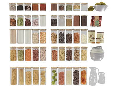 Clear Glass Spice Jars For Kitchen Storage With Various Spices And Grains 3d model