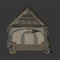 Old Abandoned Stone Cottage Model With Broken Tile Roof Stone Walls Arched Windows And Vines