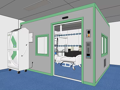 Modern Medical Isolation Cabin With Hospital Bed Equipment And Transparent Windows 3d model