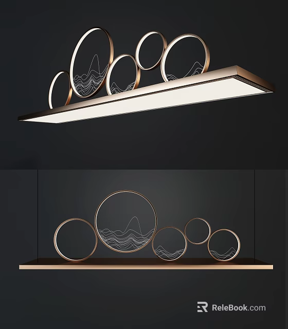 Elegant Modern Chandelier With Circular Gold Frames And Wavy Line Patterns 3d model