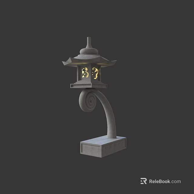 Japanese Style Traditional Stone Outdoor Lantern with Curved Arm Square Base and Illuminated Carved Patterns 3d model 