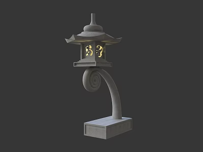 Japanese Style Traditional Stone Outdoor Lantern with Curved Arm Square Base and Illuminated Carved Patterns 3d model