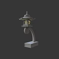 Japanese Style Traditional Stone Outdoor Lantern with Curved Arm Square Base and Illuminated Carved Patterns