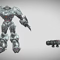 Silver Mechanical Robot Game Movie Character With Weapon Equipment And Armor Details