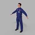 Man in Blue Jumpsuit with Badges Standing Arms Outstretched Full Body