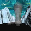 Blue Crystals And Black Pillar In Fantasy Blue Mountain Water Landscape