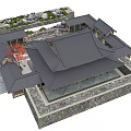 Ancient Architecture Traditional Courtyard Design With Black Tiled Roof Pond Stones And Red Tree