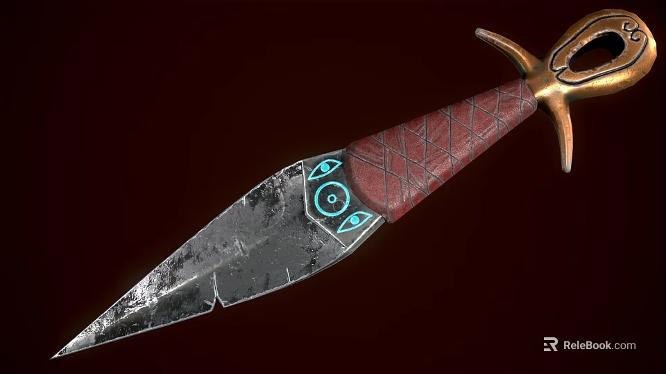 Ancient Decorative Dagger With Weathered Textured Blade Red Leather Handle And Blue Eye Design 3d model 