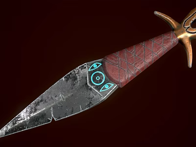 Ancient Decorative Dagger With Weathered Textured Blade Red Leather Handle And Blue Eye Design 3d model