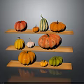 Various Colorful Pumpkins with Different Shapes Displayed on Three Tiered Wooden Shelves