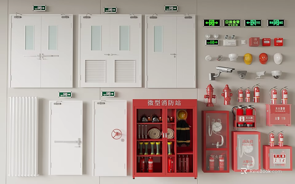 Red and White Fire Equipment Storage with Emergency Tools Cabinets Extinguishers and Hydrants 3d model
