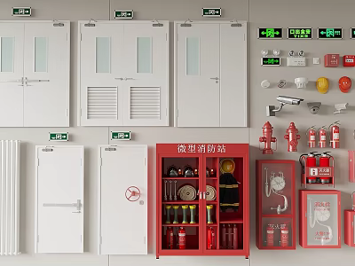 Red and White Fire Equipment Storage with Emergency Tools Cabinets Extinguishers and Hydrants 3d model