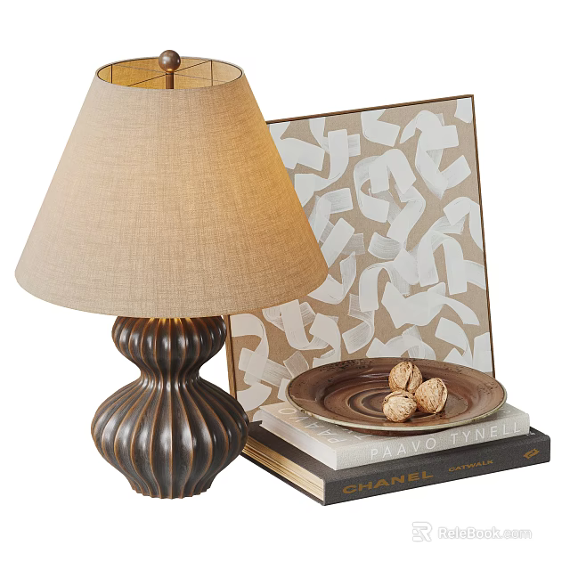 Stylish Table Lamp With Fabric Shade Brown Textured Base Decorative Artwork On Stack Of Books 3d model 