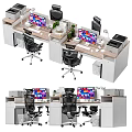 Modern Office Desk Workspace With Computer Monitors Office Chairs And Printer 3d model